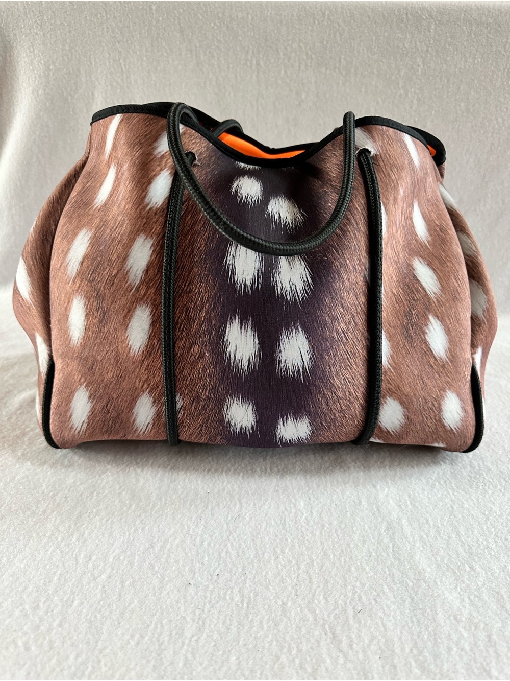 Parker & Hyde Axis Fawn Neoprene Midi Tote Bag Orange Lining Deer Animal Print